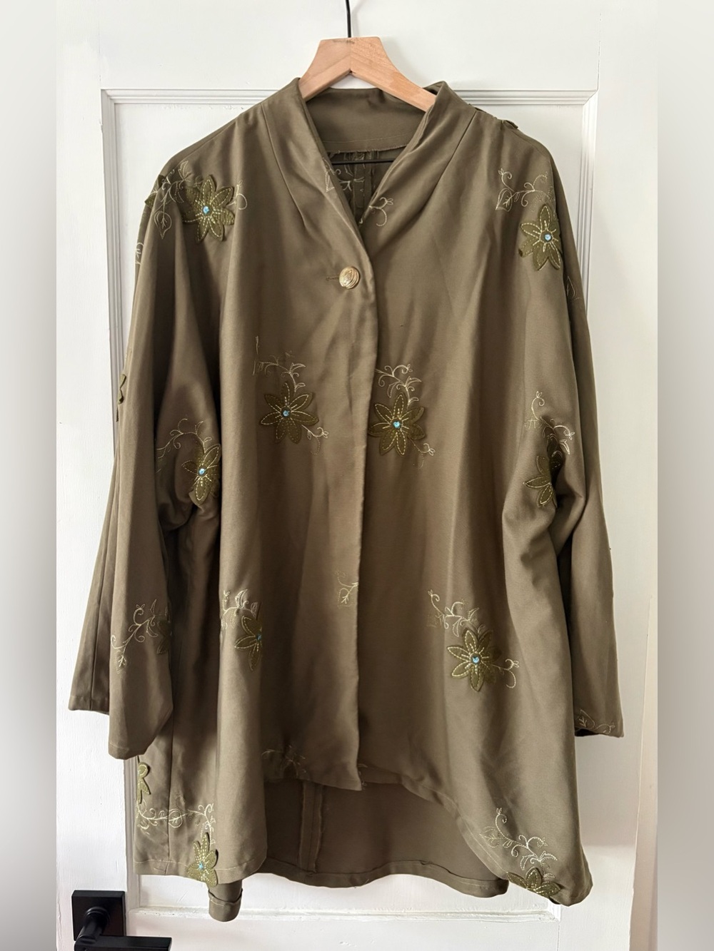 Hand Crafted | One of a Kind Olive Embroidered Floral Button Jacket